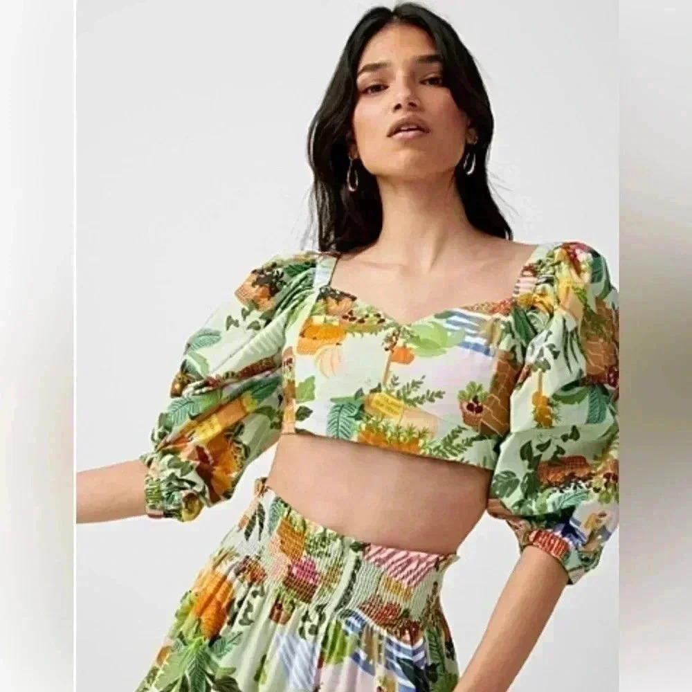Simons floral short sleeve trendy cotton summer print casual bohemian crop top L